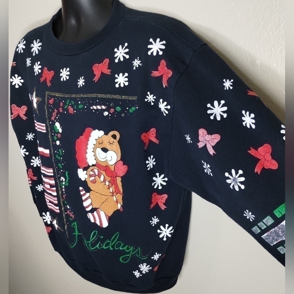 VINTAGE 90s Holiday Time Men's Large Sweatshirt AOP Christmas Crewneck Black USA - Picture 3 of 9